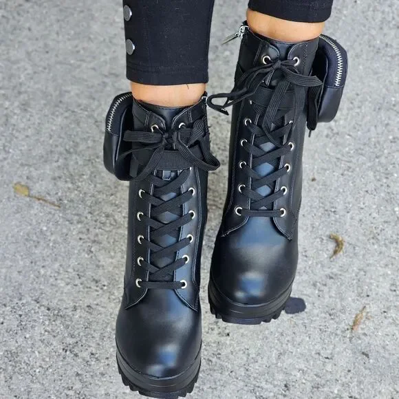 Black Women’s Lace Up Block Heel Booties Side Zipper & Pouches - Picture 3 of 5